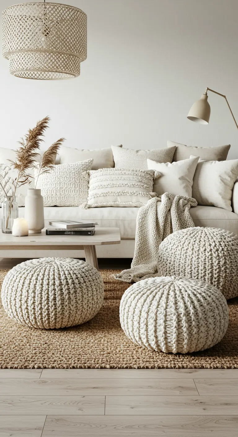 Sala de estar boho con sofá blanco, pufs de punto, alfombra de yute y muchos cojines texturizados.