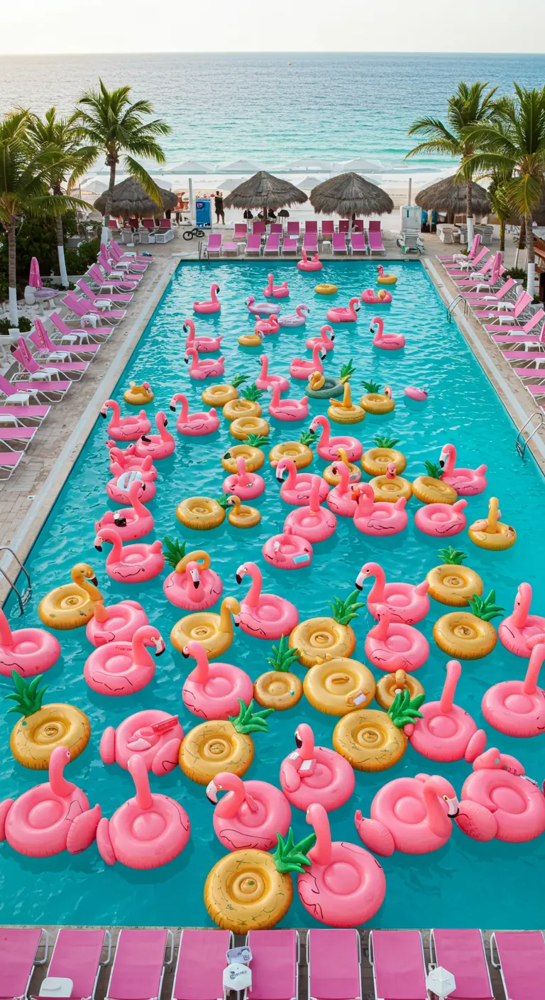 Piscina llena de docenas de flotadores de flamencos rosas y piñas amarillas.