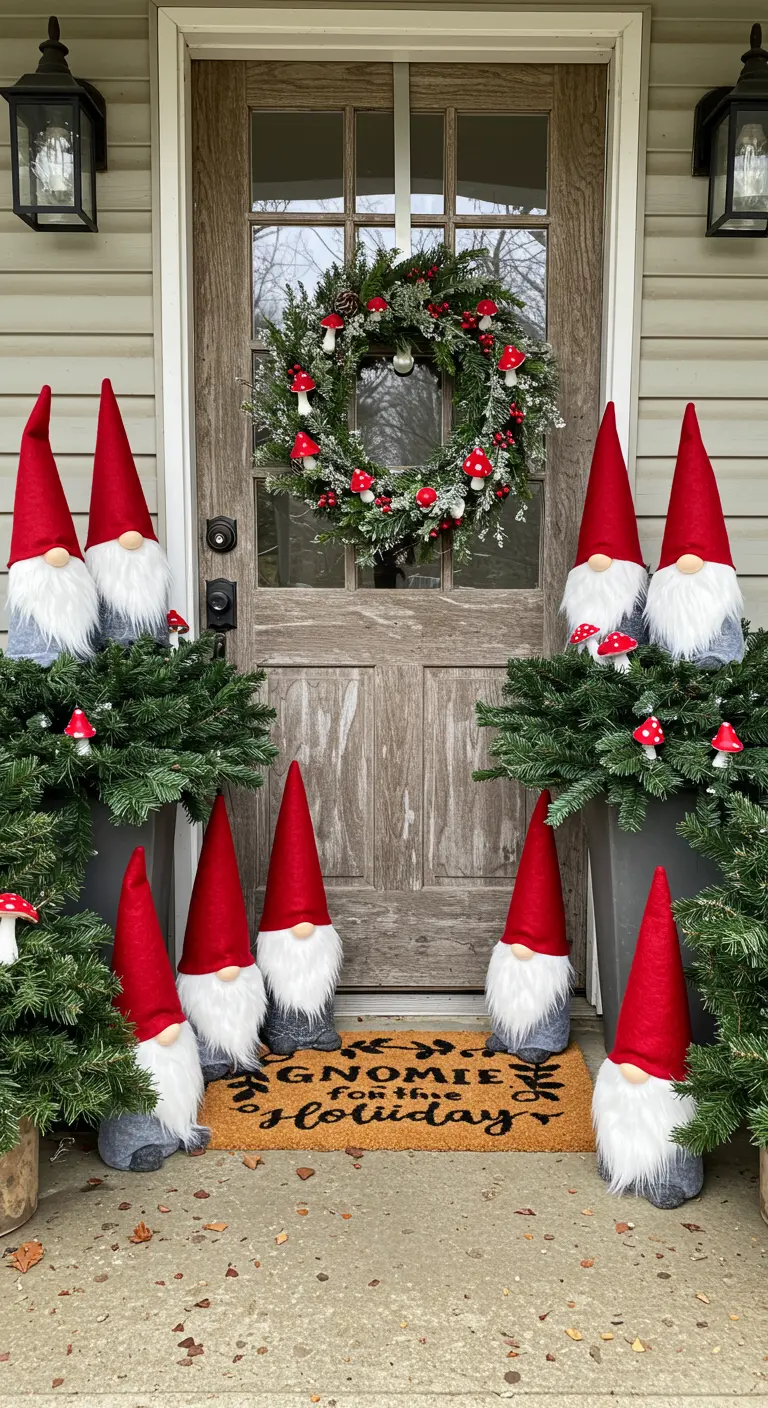 Entrada flanqueada por macetas con abetos y adorables gnomos de jardín con gorros rojos.