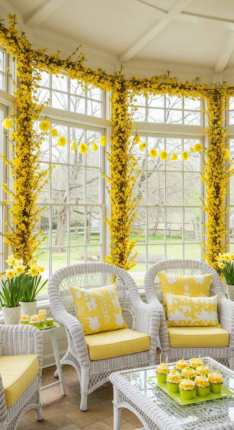 Salón acristalado con marcos de ventana decorados con guirnaldas de forsythia amarilla.