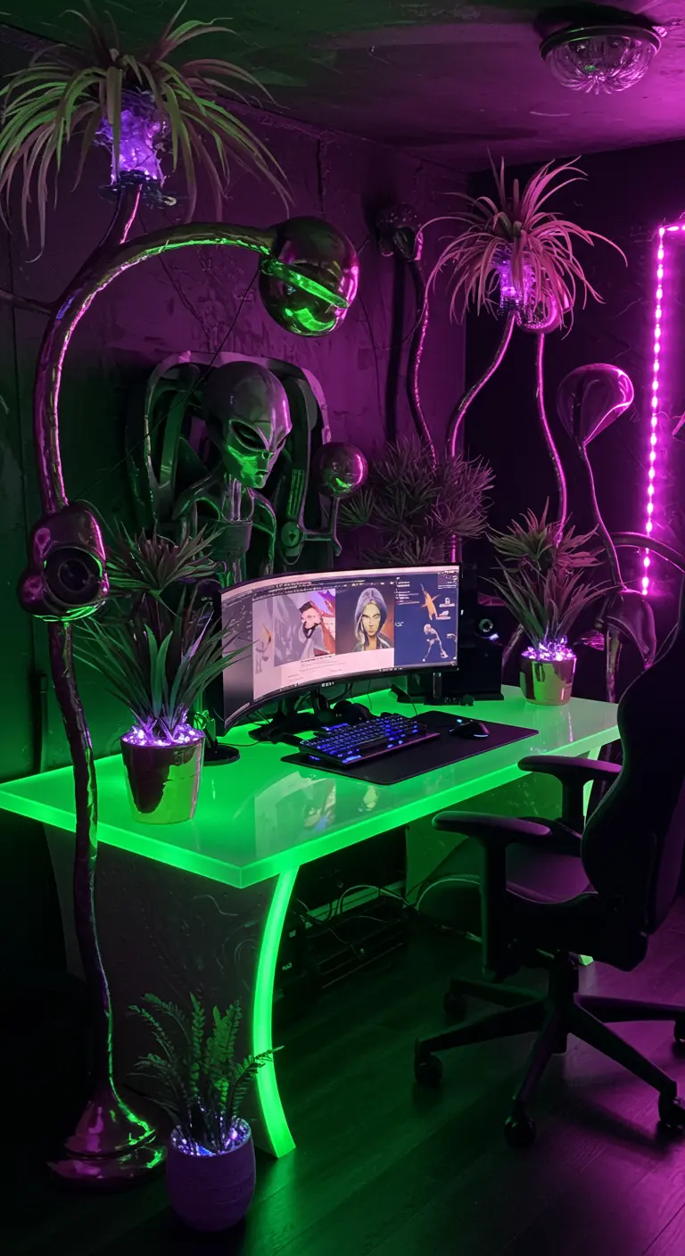 Oficina en casa con temática alienígena, con lámparas escultóricas y luces verdes y fucsias.
