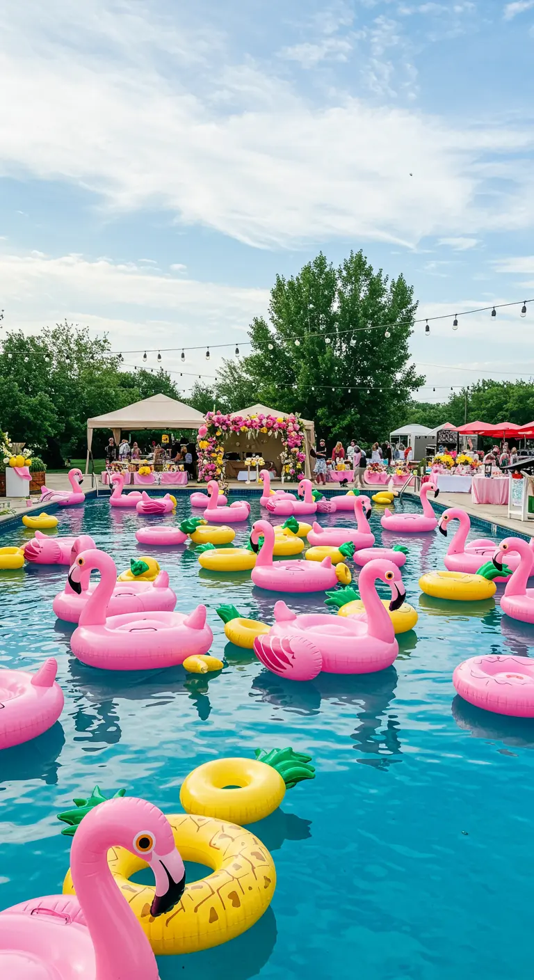 Piscina llena de decenas de flotadores inflables de flamencos rosas y piñas amarillas.