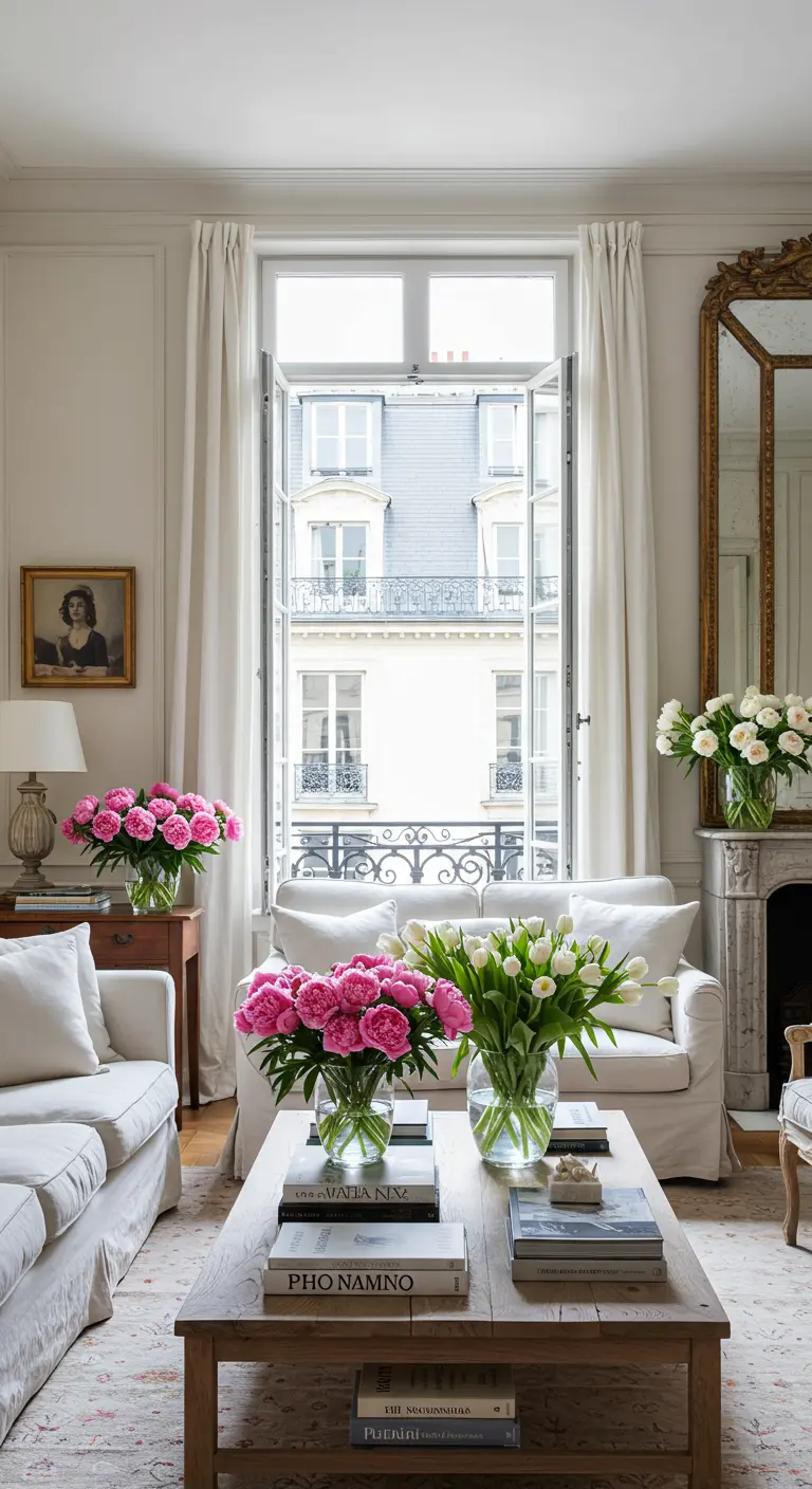 Sala de estar blanca inundada de jarrones con peonías rosas y tulipanes blancos.