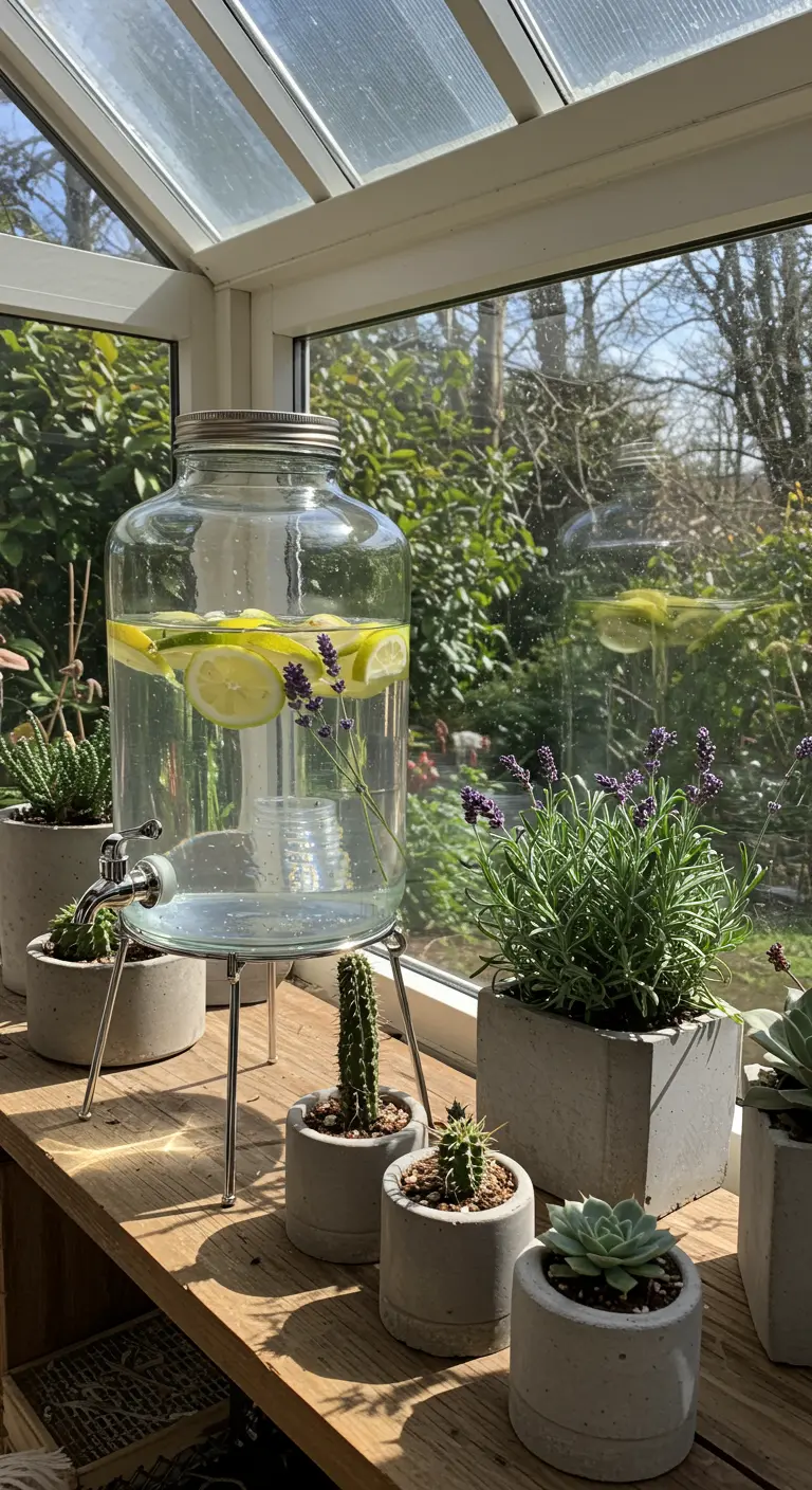Dispensador de agua en frasco de vidrio grande sobre soporte metálico, rodeado de plantas.