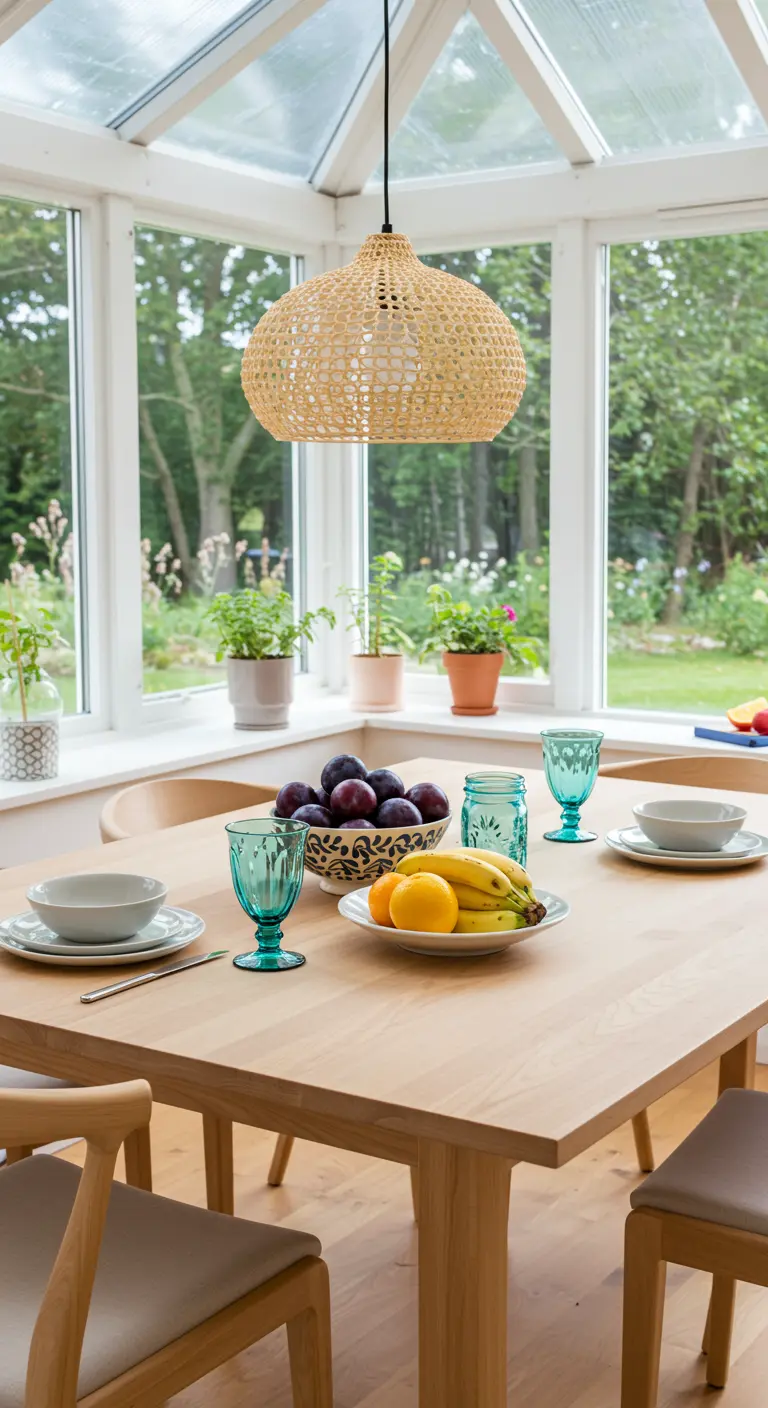 Mesa de madera clara en un invernadero con copas turquesas y un cuenco de ciruelas.