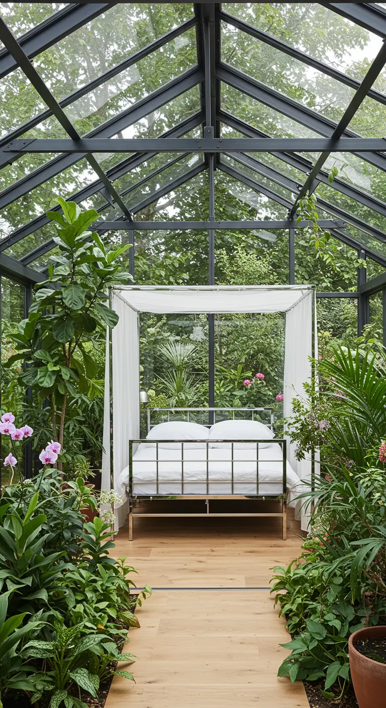 Cama con dosel blanco dentro de un invernadero de cristal rodeado de plantas tropicales exuberantes