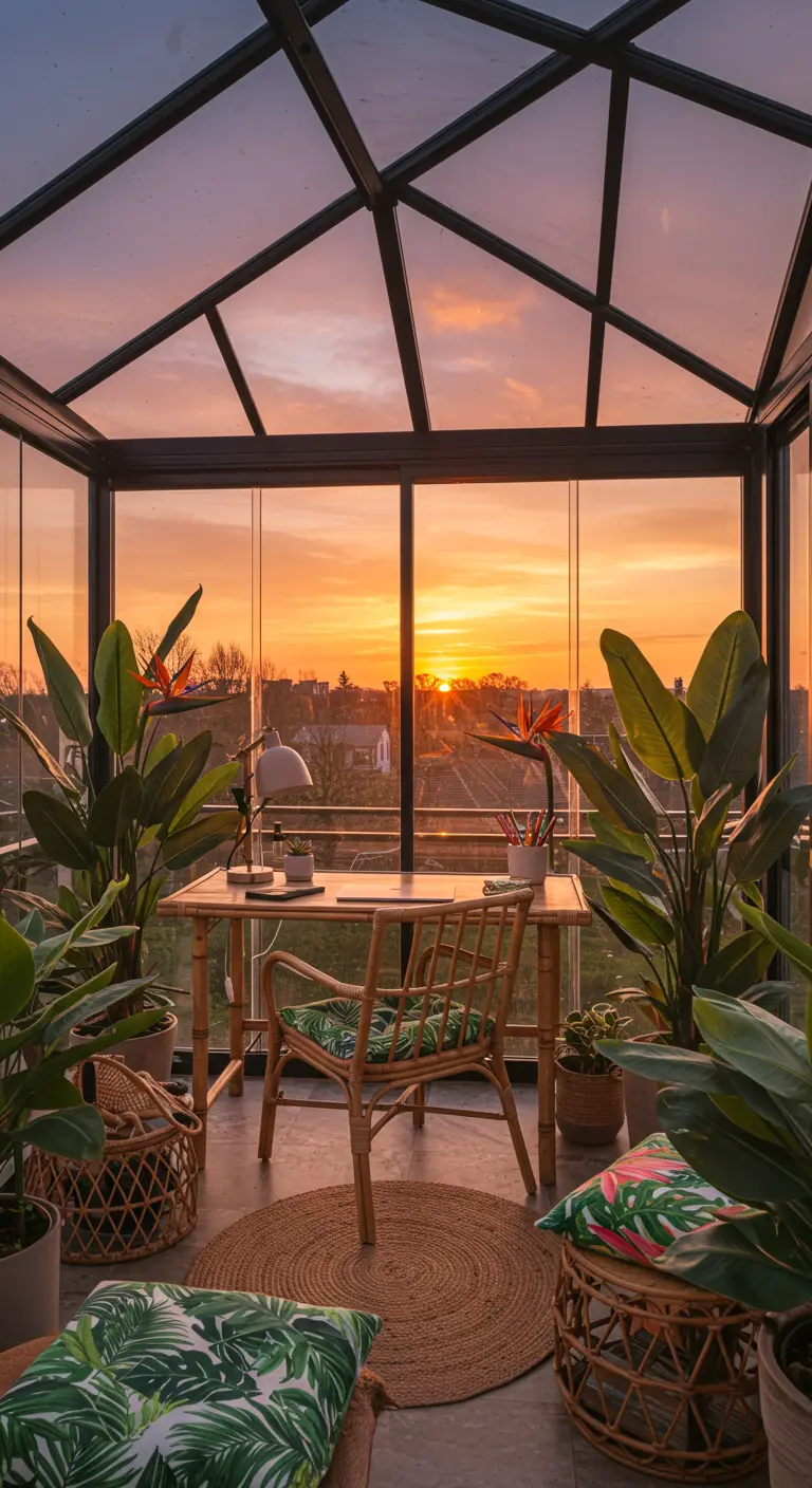 Oficina en un balcón acristalado al atardecer, con plantas tropicales y muebles de bambú.