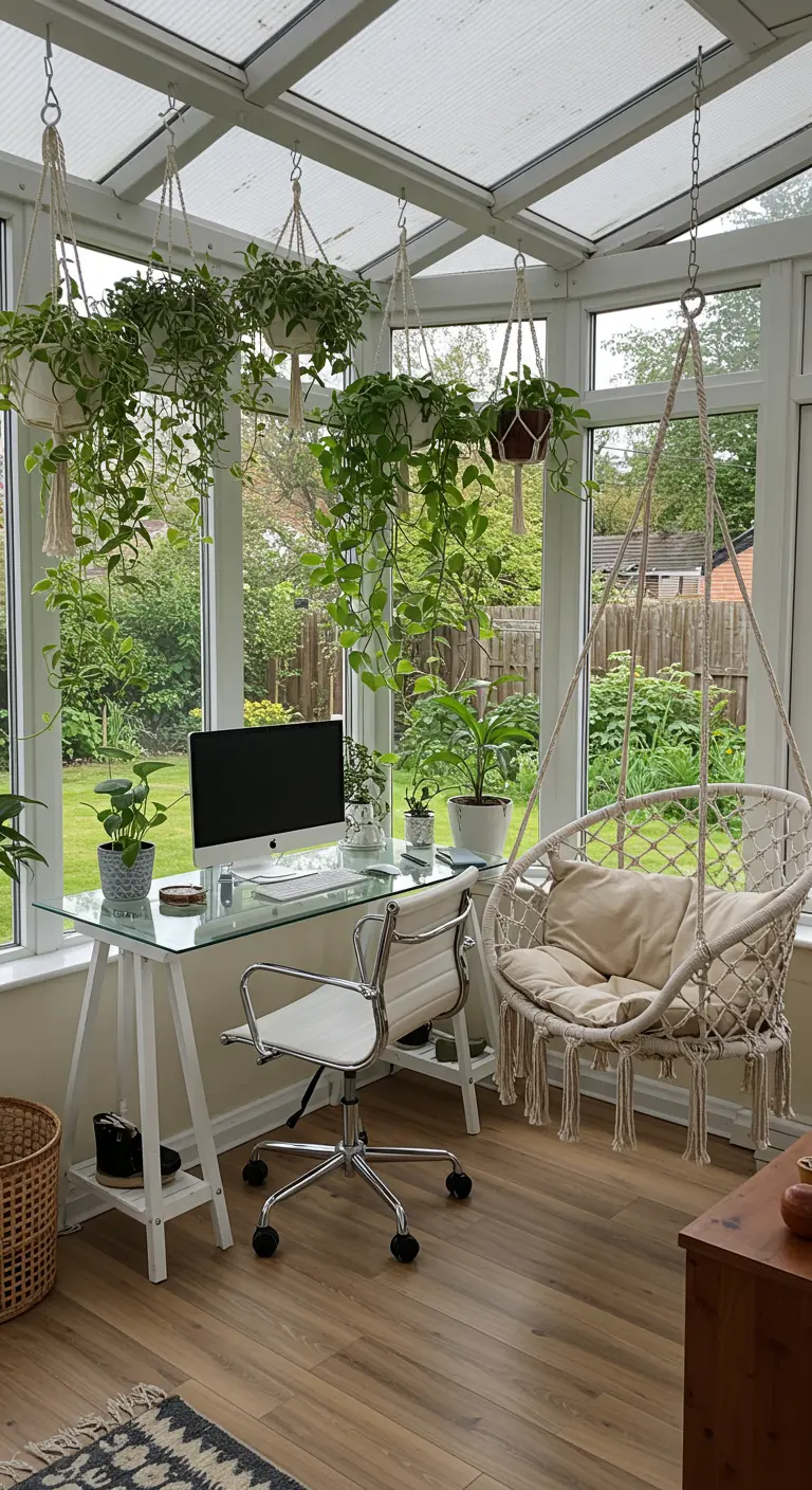 Oficina en un invernadero lleno de plantas colgantes, escritorio de cristal y silla colgante de macramé.