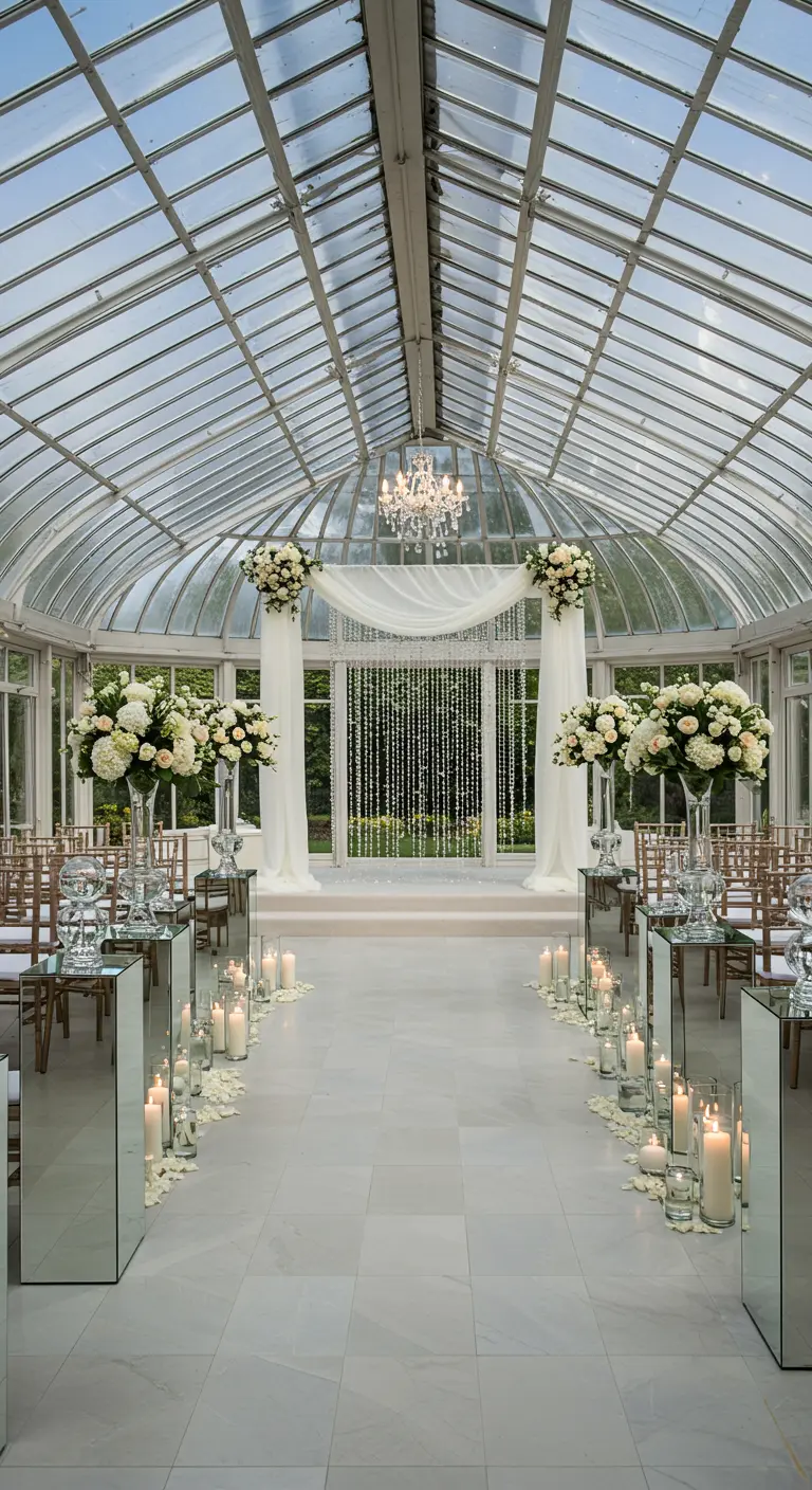 Ceremonia de boda en un invernadero con pedestales de espejo y un altar con telas blancas.