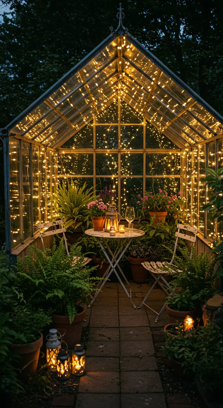 Invernadero de cristal iluminado por miles de luces de hadas con plantas y una mesa para dos.