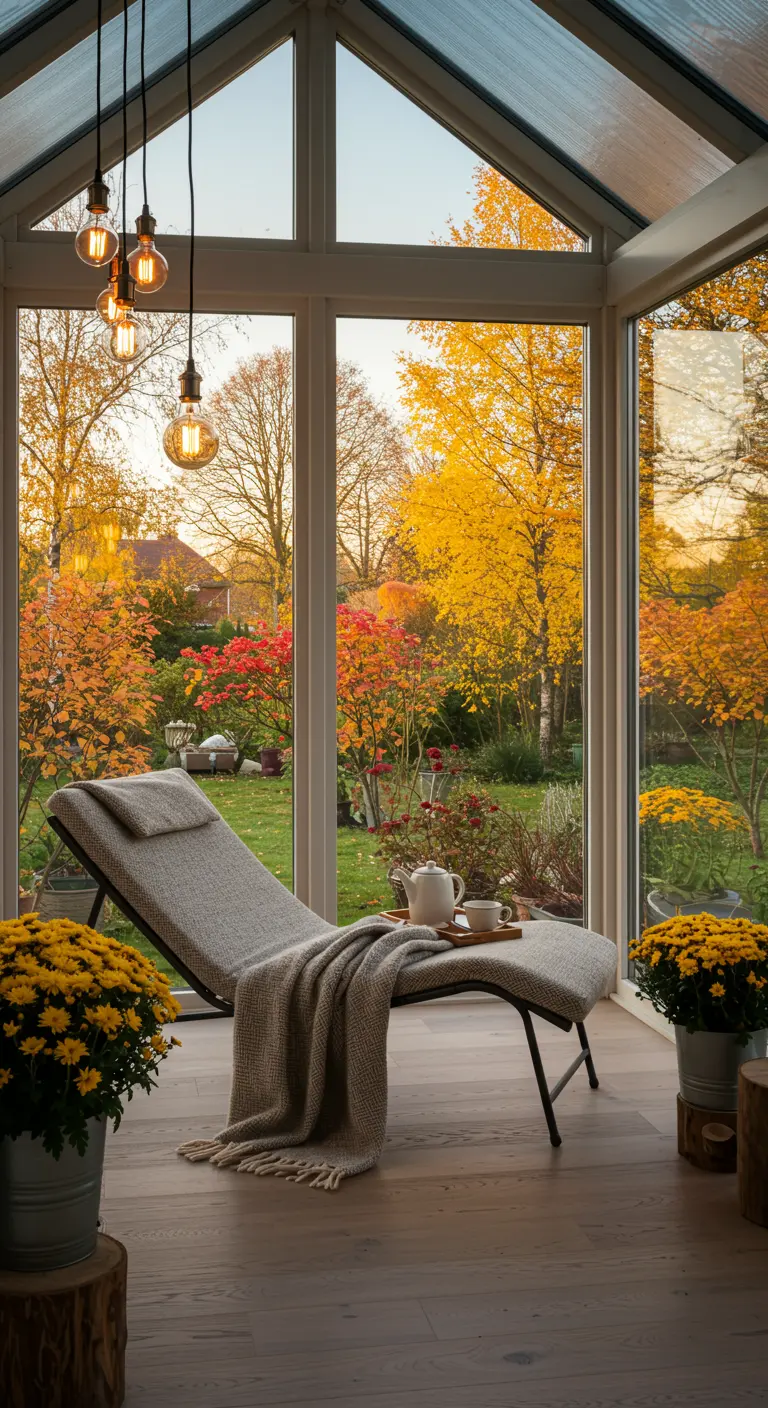 Tumbona en un porche acristalado con vistas a un jardín de otoño y bombillas Edison colgando.