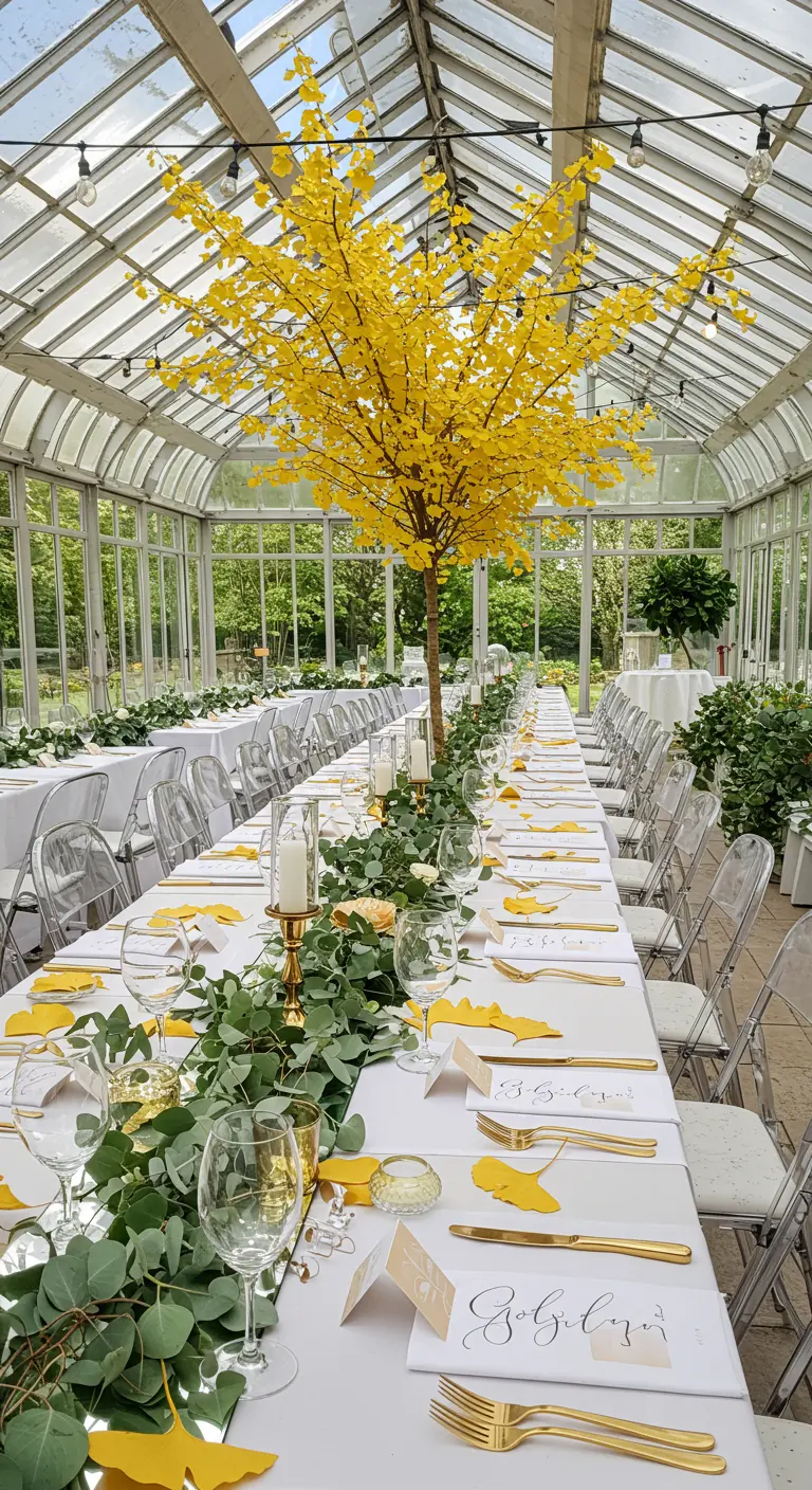 Larga mesa de banquete en un invernadero con camino de espejo y un árbol amarillo en el centro.