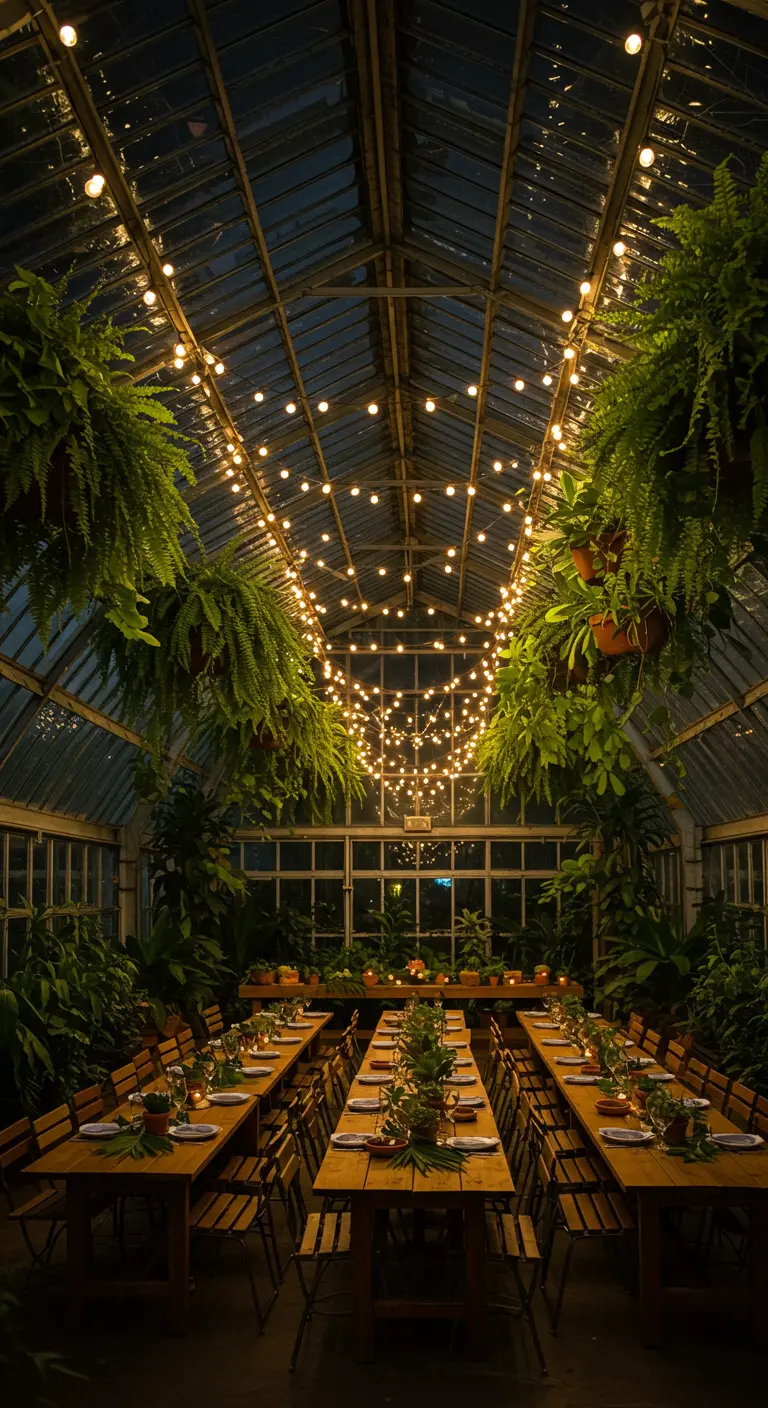 Invernadero de cristal por la noche, iluminado con guirnaldas de luces entre plantas colgantes.