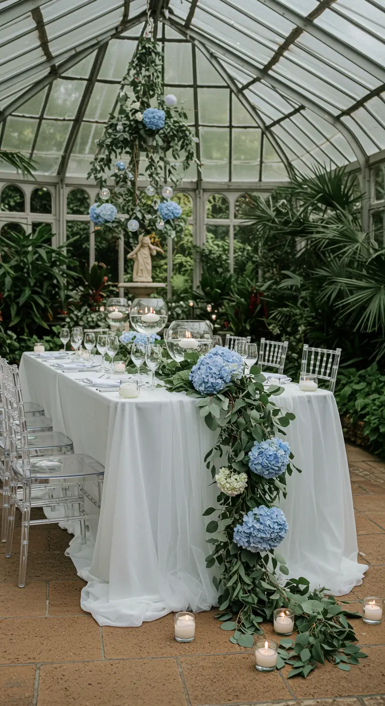 Mesa de bautizo en un invernadero con guirnalda de eucalipto y hortensias azules.