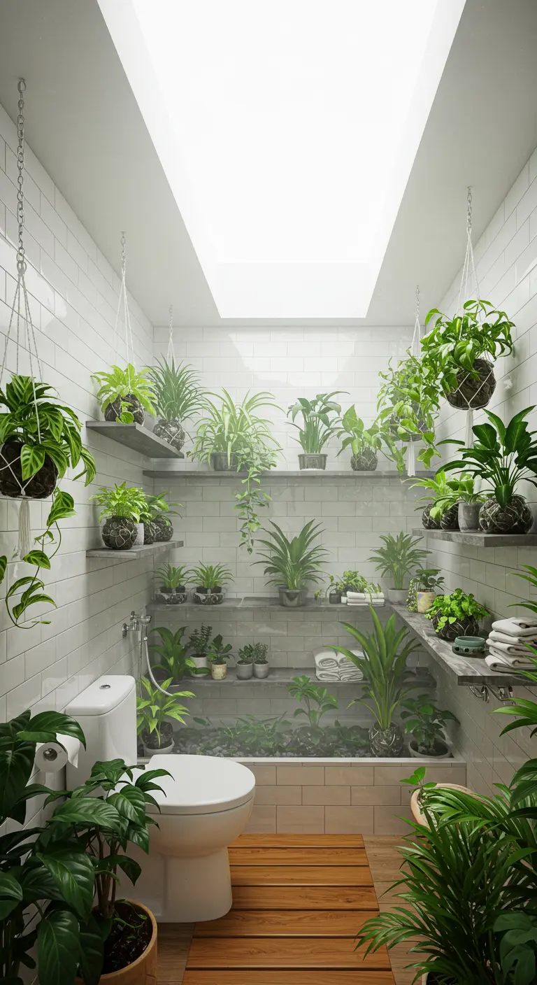 Baño pequeño lleno de plantas en estanterías bajo un tragaluz, con paredes de azulejo blanco