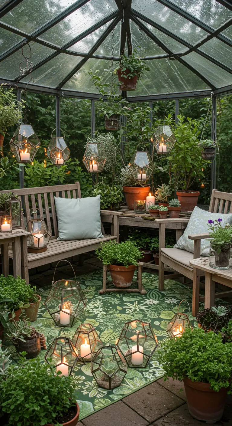 Interior de un invernadero con bancos de madera, plantas y faroles geométricos de cristal.