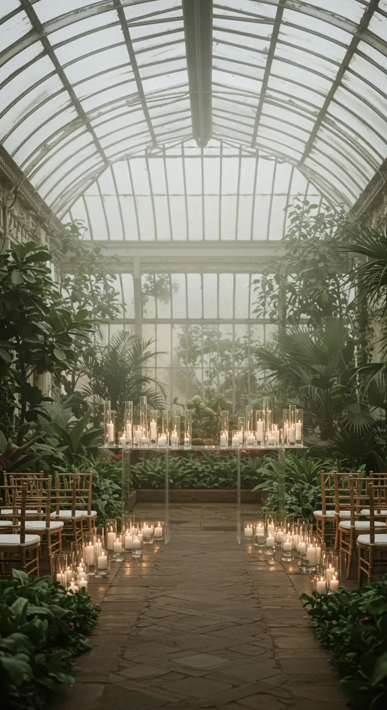 Pasillo de bodas en un invernadero con un altar de acrílico lleno de velas encendidas.