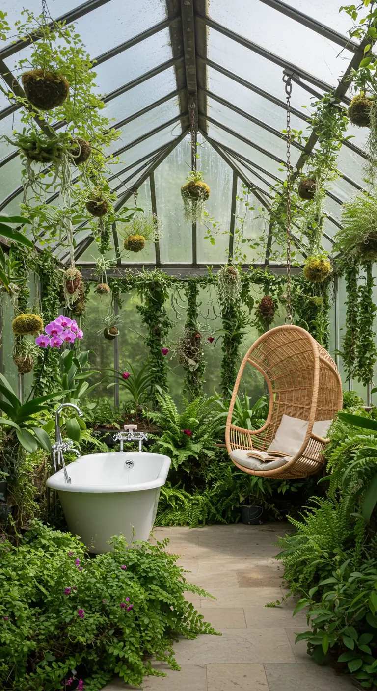 Baño dentro de un invernadero de cristal, rodeado de plantas, con bañera exenta y silla colgante.