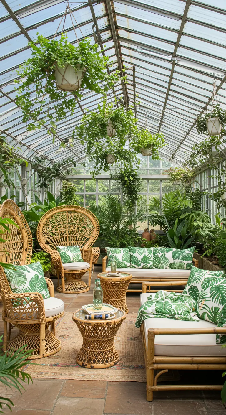 Zona de descanso en un invernadero con muebles de ratán y cojines de hojas de palmera.