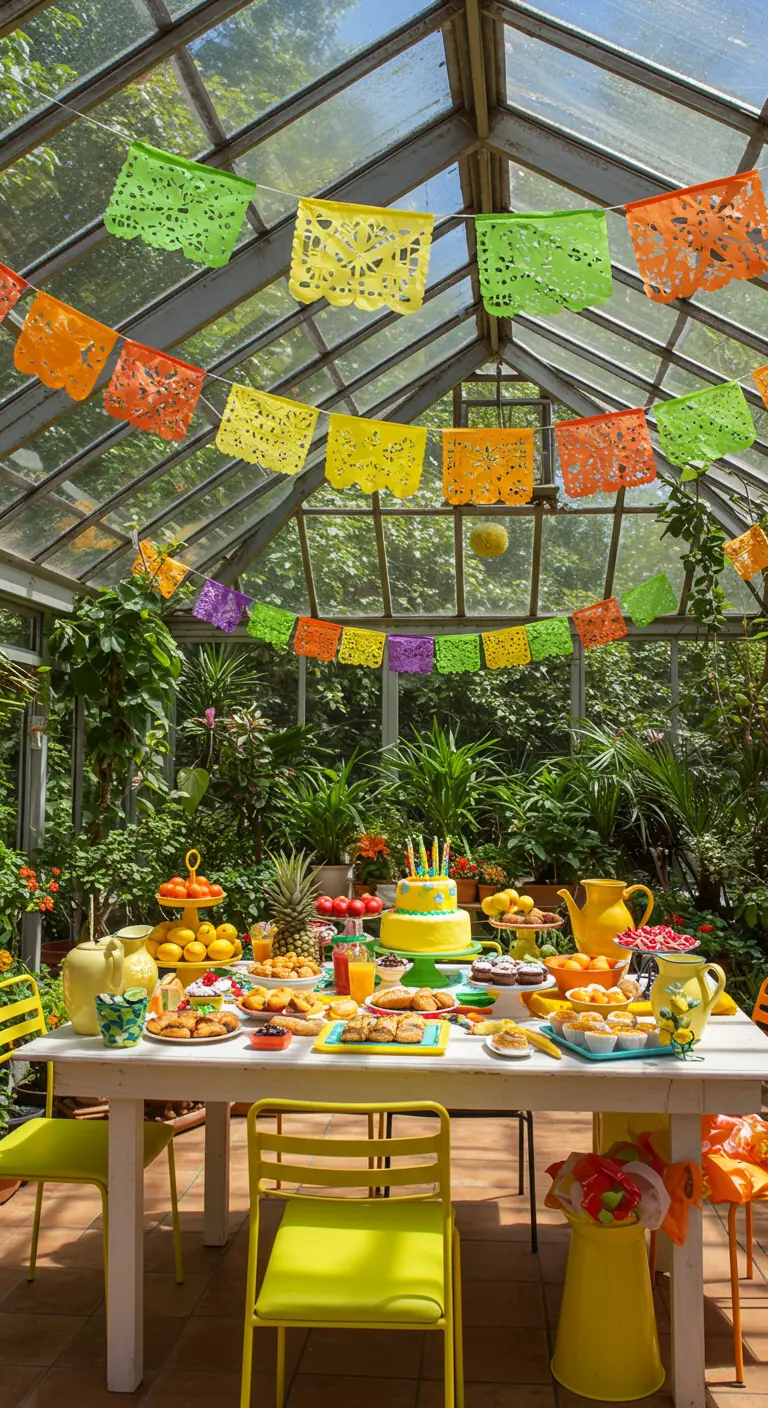 Mesa de cumpleaños en un invernadero soleado, decorado con papel picado de colores vivos.