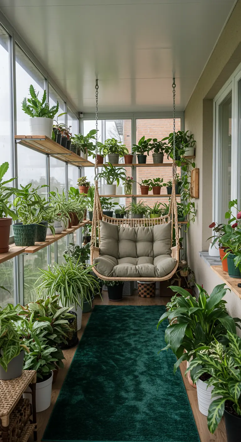 Balcón acristalado convertido en un invernadero lleno de plantas en estanterías con un columpio de mimbre