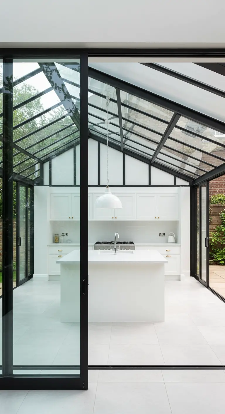 Cocina blanca impoluta dentro de una estructura acristalada con perfiles de metal negro.