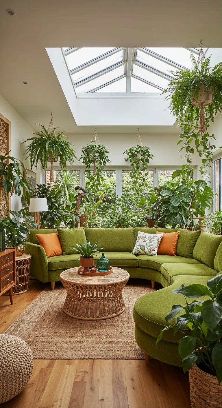 Sala luminosa llena de plantas con un sofá esquinero verde.
