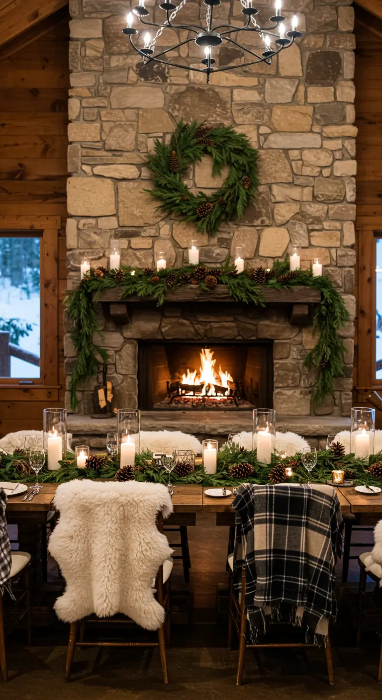 Mesa de banquete de boda frente a una chimenea de piedra decorada con guirnaldas y velas.