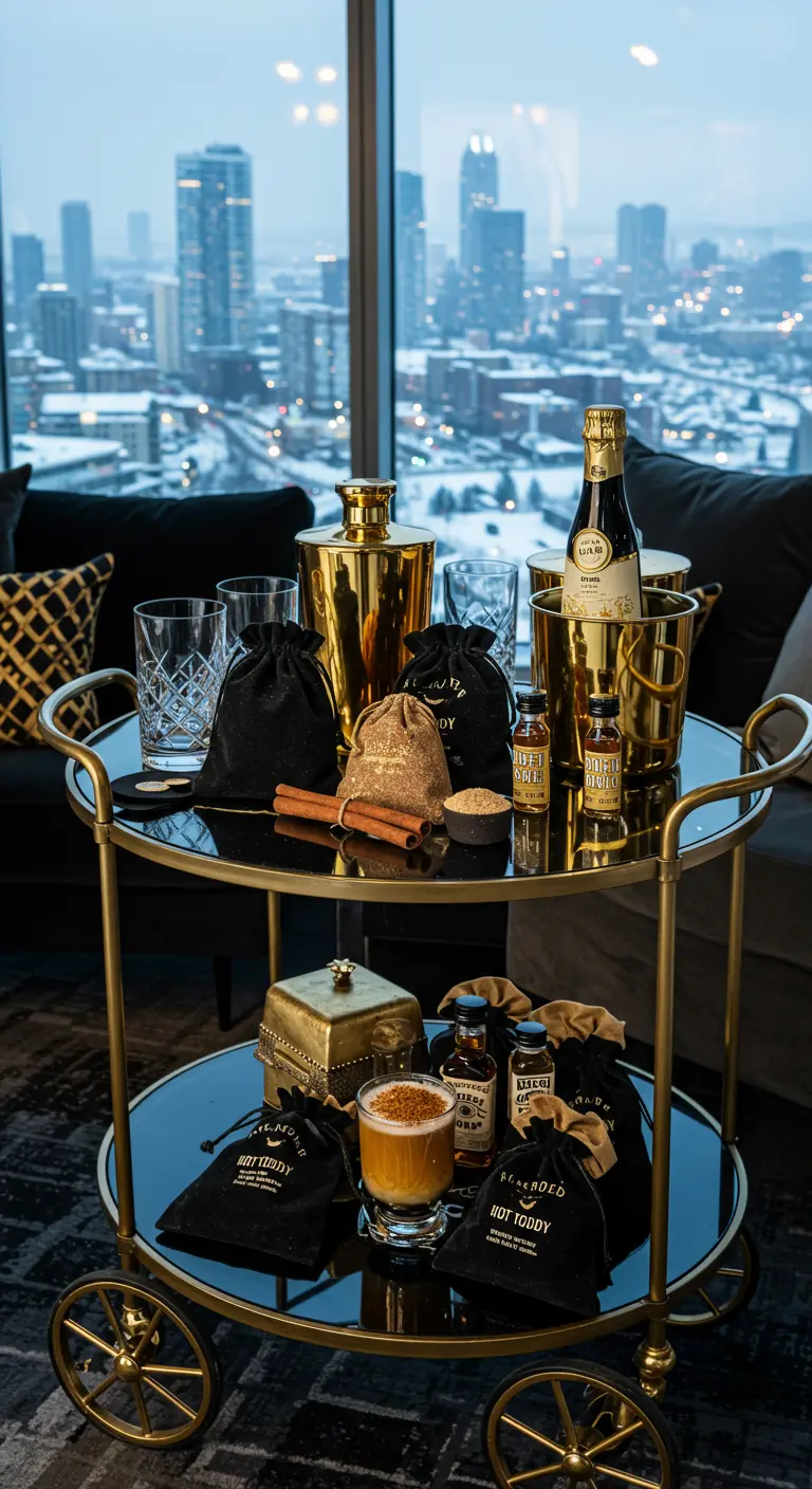 Carrito de bar dorado con kits para hacer Hot Toddy en bolsitas de terciopelo negro.