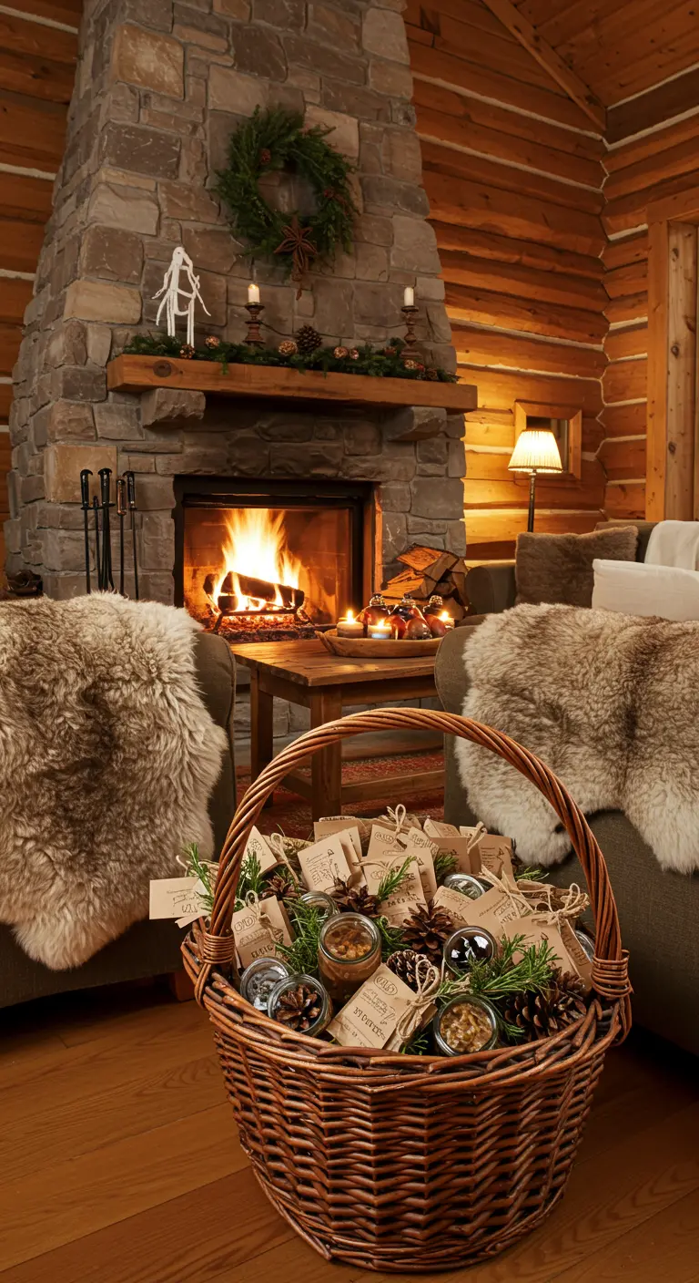 Cesta de mimbre llena de recuerdos de popurrí invernal en un acogedor salón con chimenea.