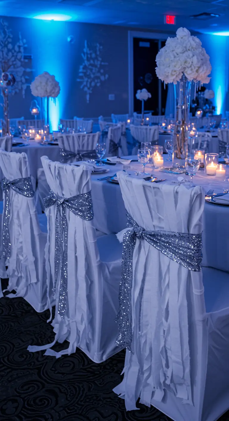 Sillas con fundas blancas en un evento con luz azul, decoradas con lazos de lentejuelas plateadas.