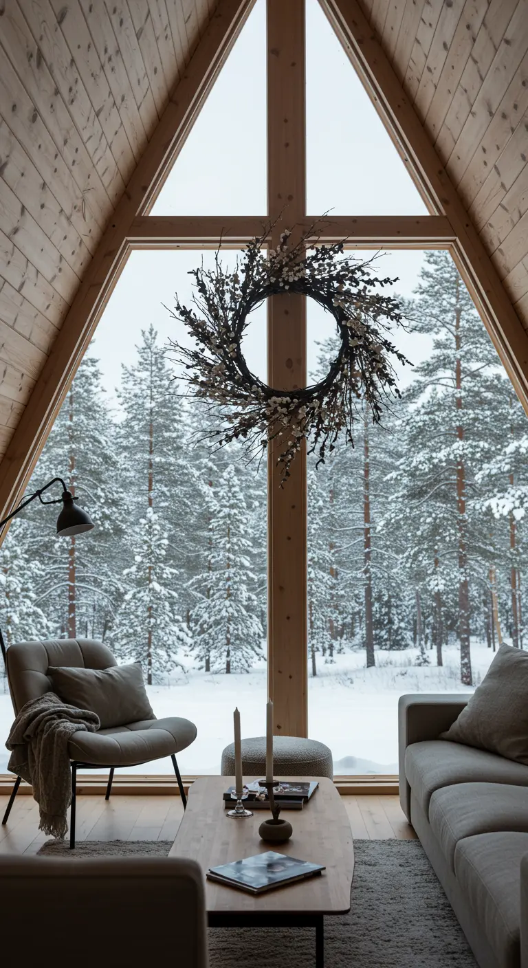 Corona de ramas escarchadas colgando en el ventanal de una cabaña de madera en la nieve.