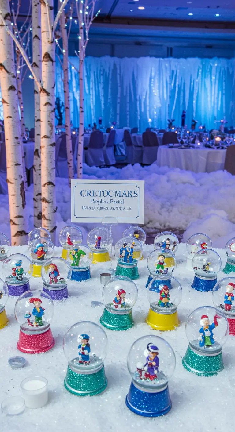 Globos de nieve caseros con diferentes figuritas y bases de colores brillantes sobre nieve artificial.