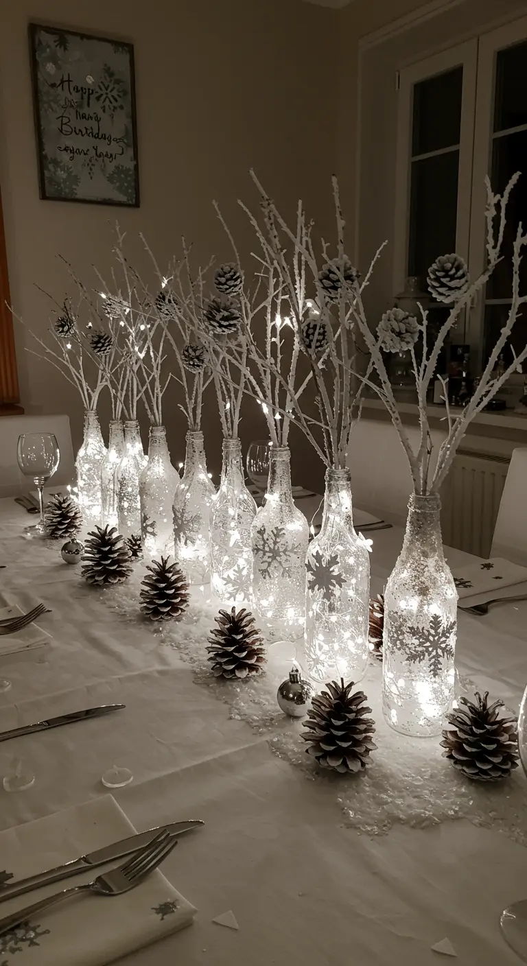 Portavelas de botella de invierno con copos de nieve y luces de hadas en el interior.
