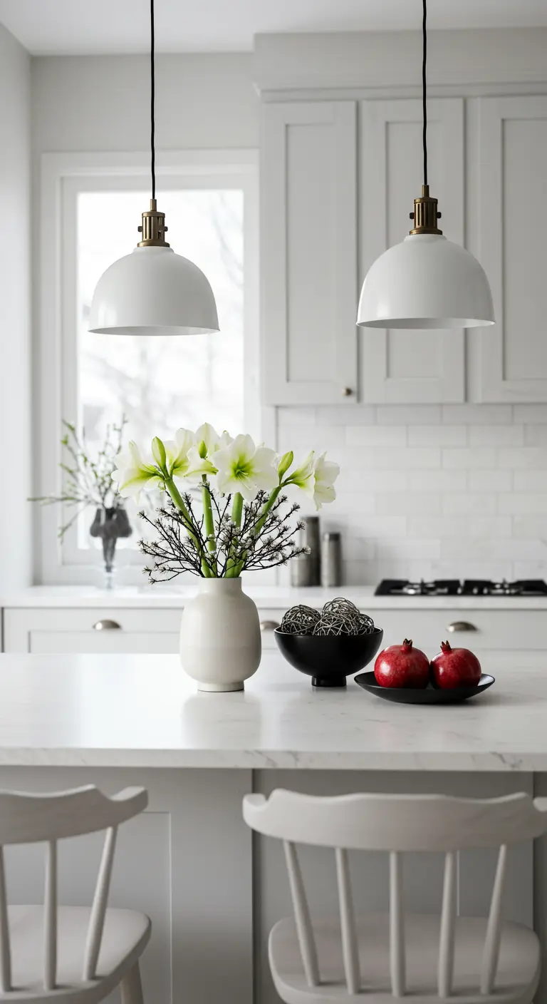 Isla de cocina blanca con jarrón de amarilis blancos y un bol con granadas.