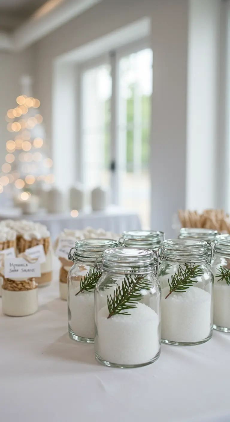 Tarros de cristal con sales de baño blancas y una ramita de pino, en una mesa de fiesta.