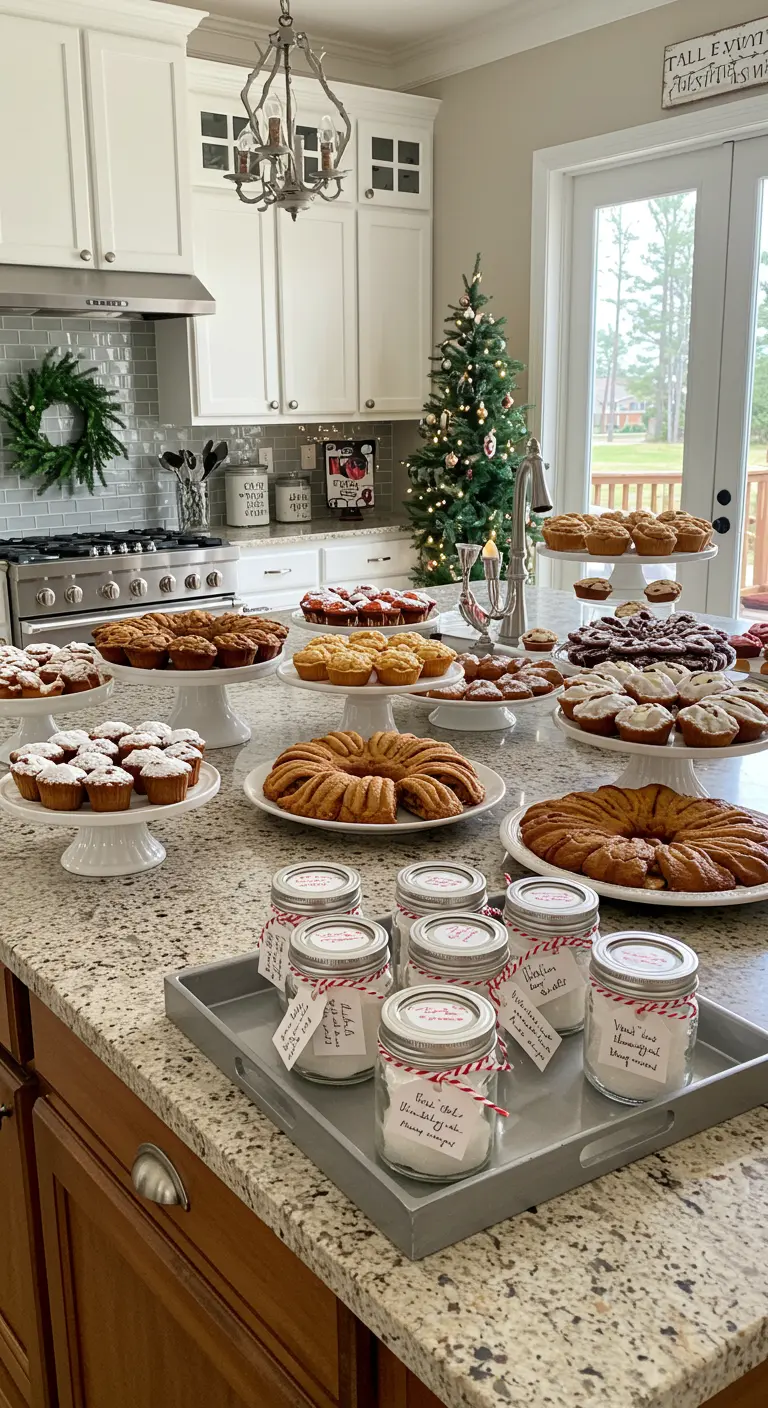 Tarros con mezcla para hornear y lazos rojos y blancos en una isla de cocina decorada para Navidad.