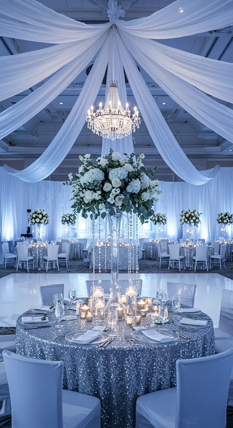 Elegante salón de bodas decorado en blanco y plata con un gran candelabro de cristal.