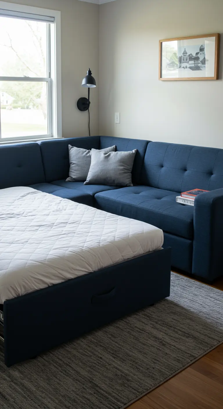 Sofá seccional de color azul marino convertido en cama en una sala de estar.