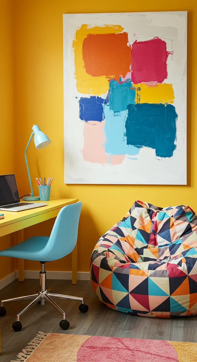 Oficina en casa con pared amarilla, escritorio amarillo y un gran cuadro abstracto y colorido.