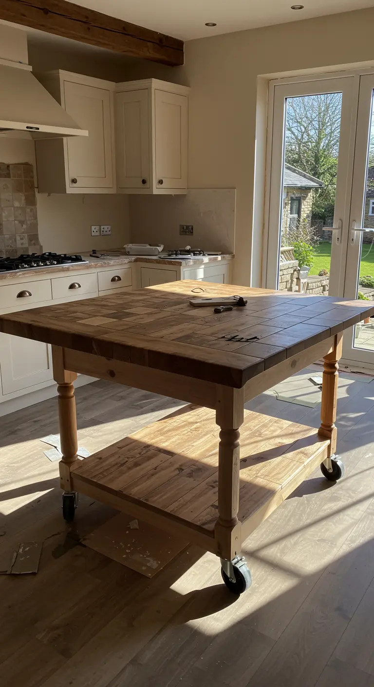 Mesa de madera grande con ruedas, convertida en una isla de cocina rústica en medio de una cocina en renovación.