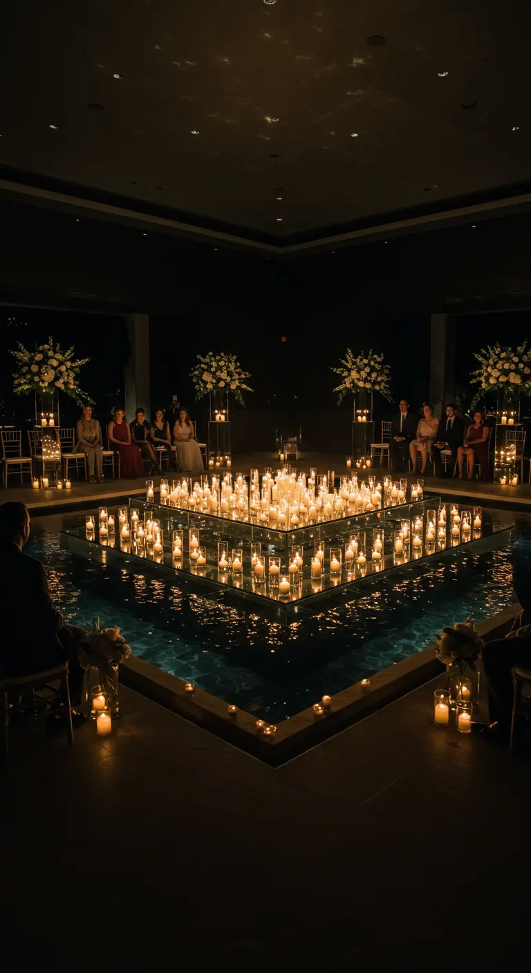 Altar de boda en una plataforma sobre una piscina, cubierta de cientos de velas encendidas.