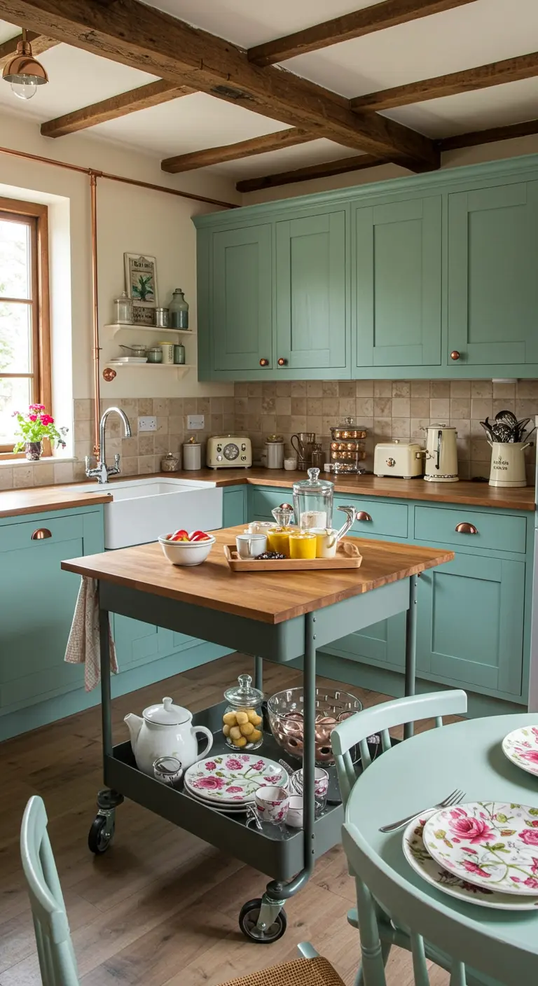 Cocina cottage en verde menta con un carrito de servicio de madera y metal como isla móvil.
