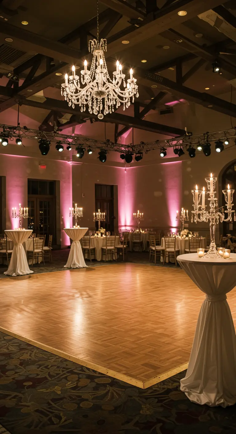 Pista de baile de madera rodeada de mesas altas con manteles blancos y candelabros de cristal.