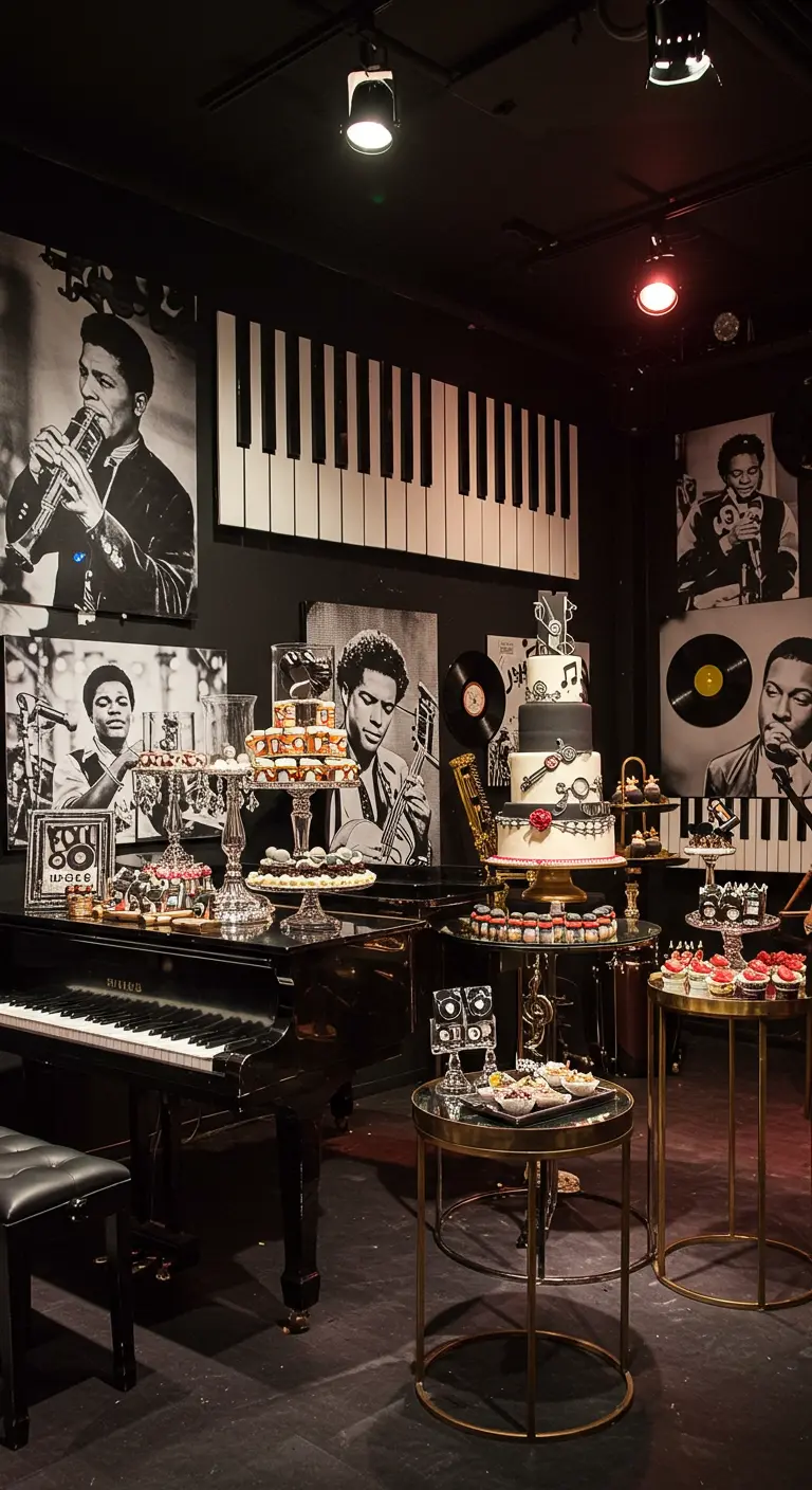 Rincón de fiesta temático de jazz con un piano, fotos de músicos y postres.