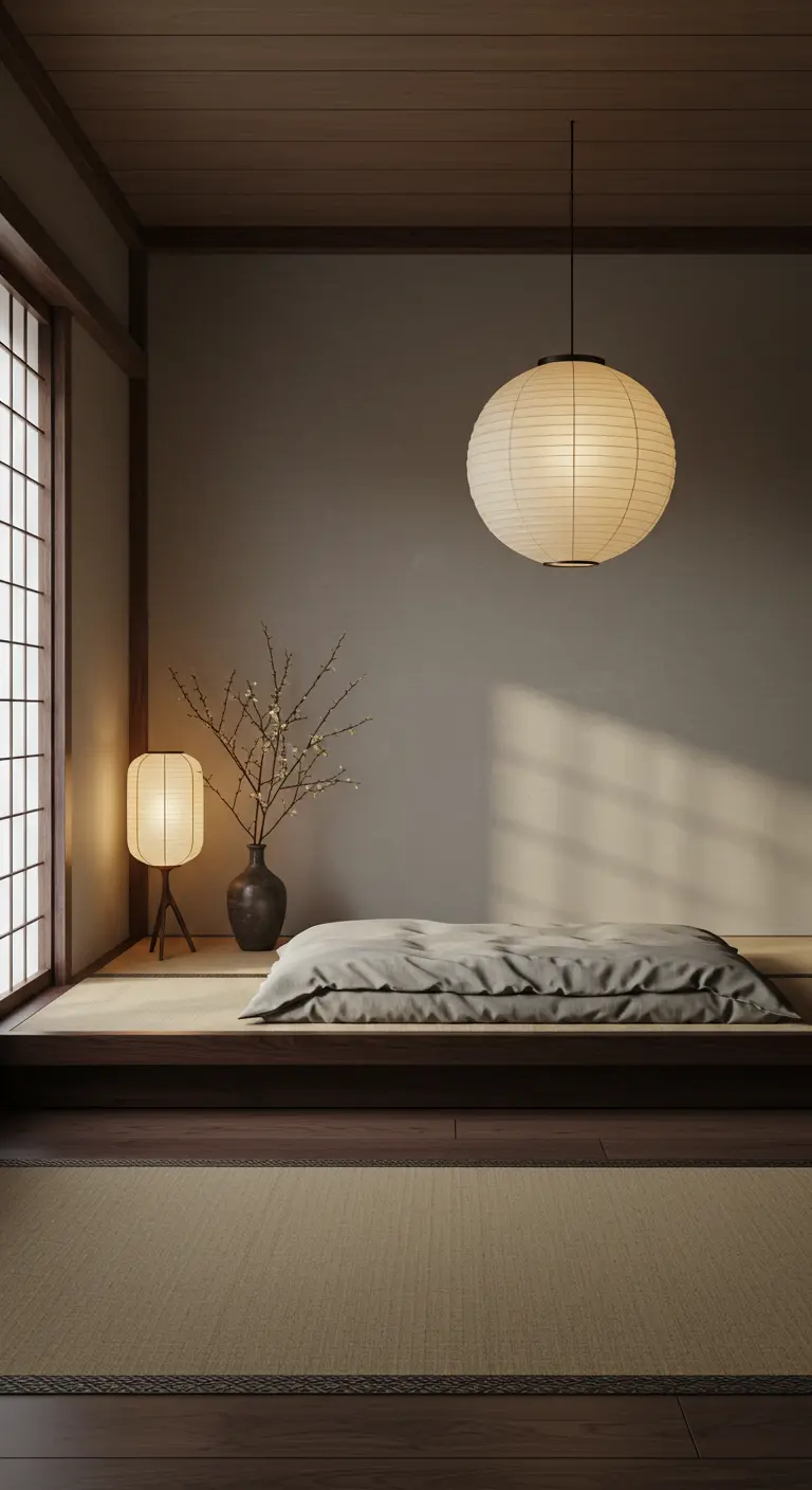 Dormitorio de estilo japonés con cama baja, tatami y lámpara de papel colgante.