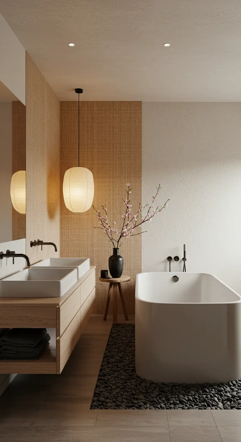 Baño estilo Japandi con pared texturizada, lámpara de papel y bañera sobre piedras.