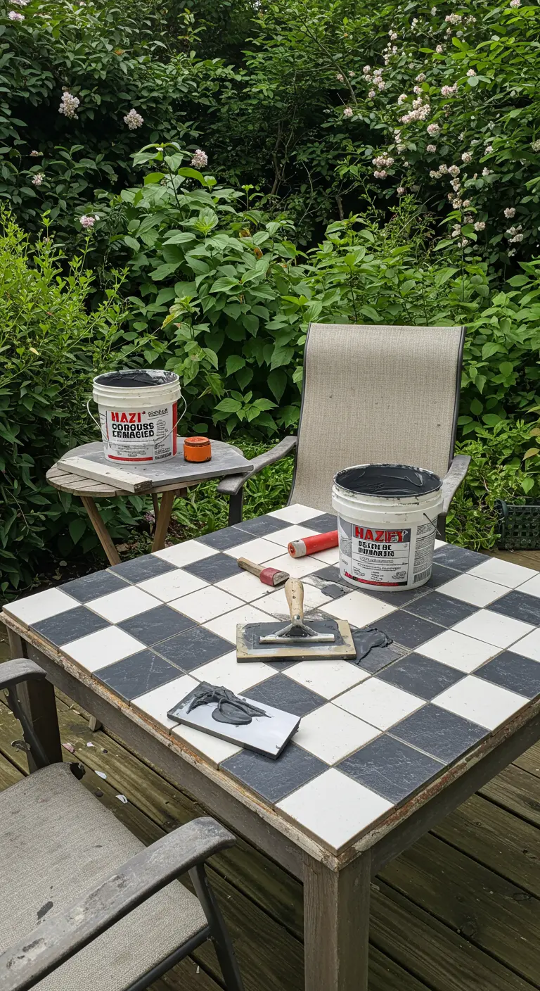 Mesa de jardín de madera con un tablero de ajedrez hecho de mosaico de azulejos blancos y negros.