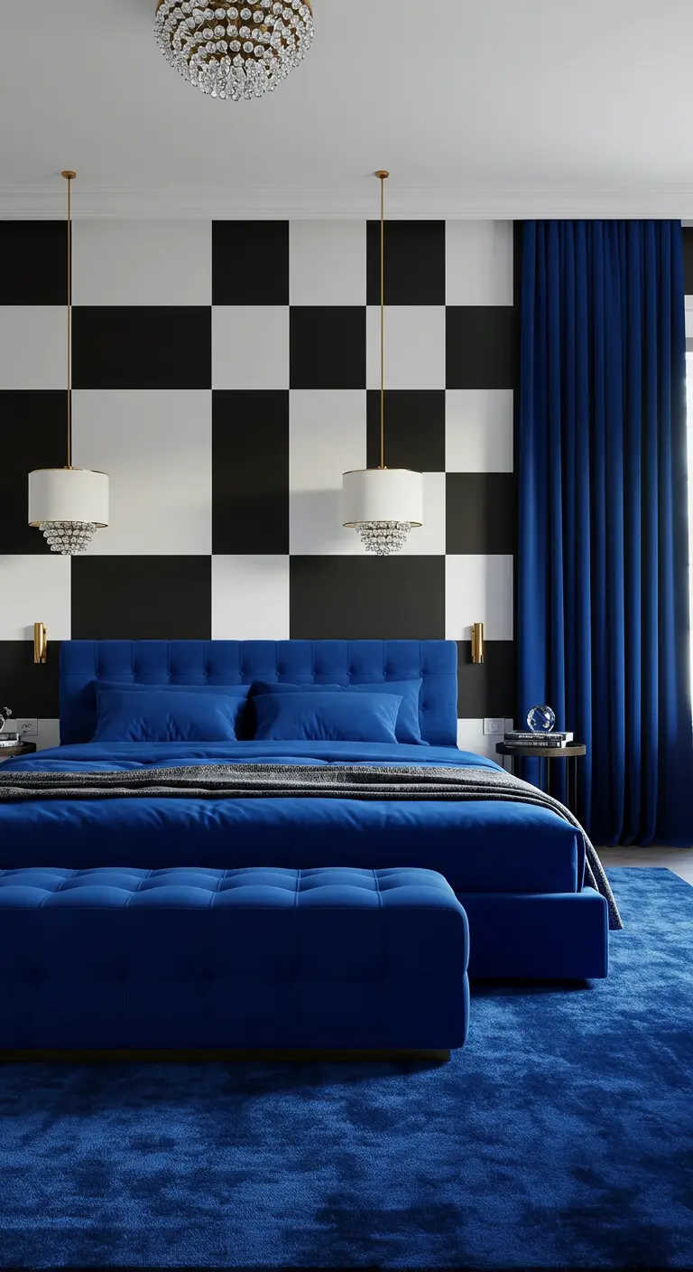 Dormitorio con una pared de damero en blanco y negro, y una cama y cortinas de color azul intenso.