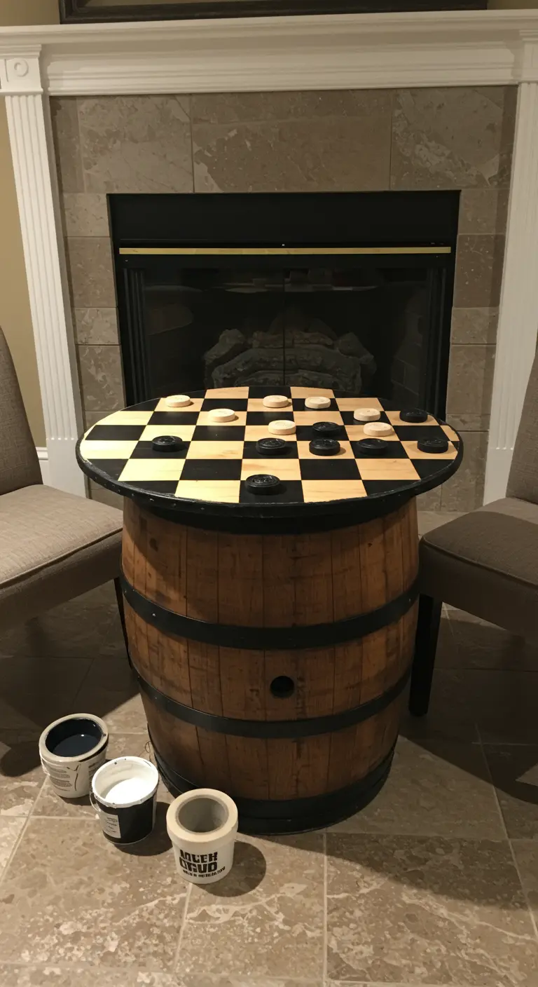 Mesa de juego con base de barril y un tablero de damas pintado en la superficie de madera
